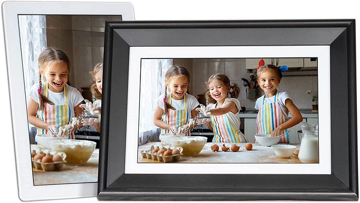 product photo of the PhotoSpring 10 WiFi Digital Picture Frame with three girls baking in the kitchen 