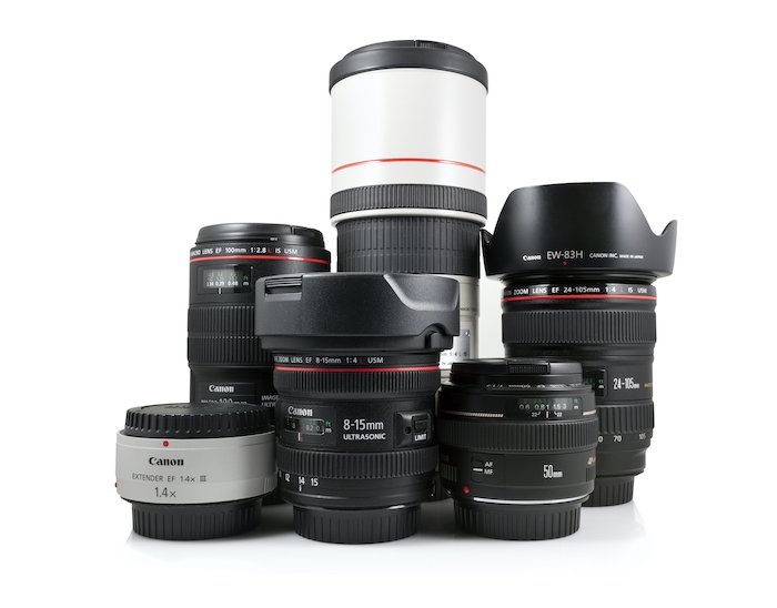 a product photograph of various Canon lenses with lens abbreviations