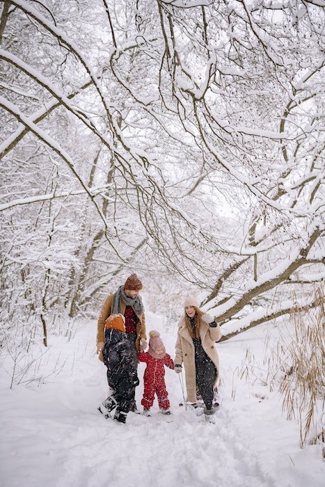 Family taking a walk in snowy woods for Christmas card photo ideas