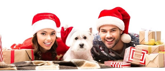 Christmas couple photoshoot ideas: a small white dog in a Santa hat posed between a couple