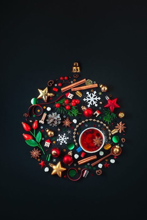 Flat lay of ornament for Christmas photo ideas