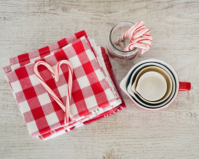 Candy canes on gingham cloth napkins used as a food photography props