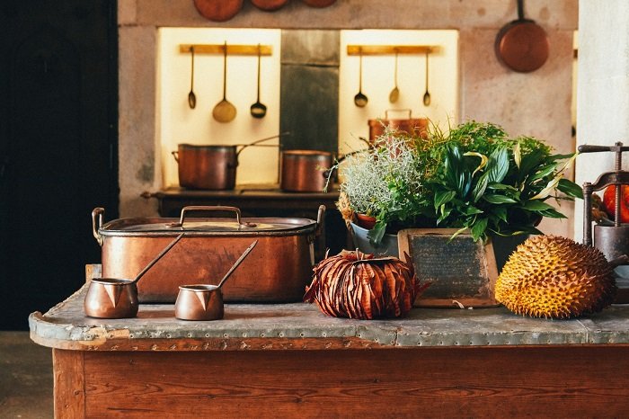 Food photography props: Rustic kitchen with kitchenware and food on a countertop