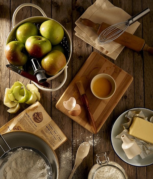 Food Photography tips: a flat lay photograph tells the story of baking an apple pie
