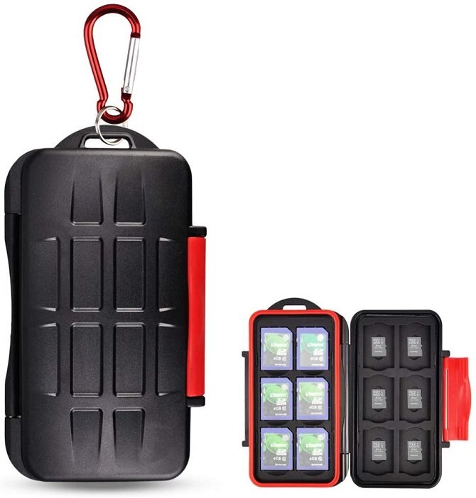 gifts for photographers: product photo of the Kiorafoto Memory Card Case in black and red