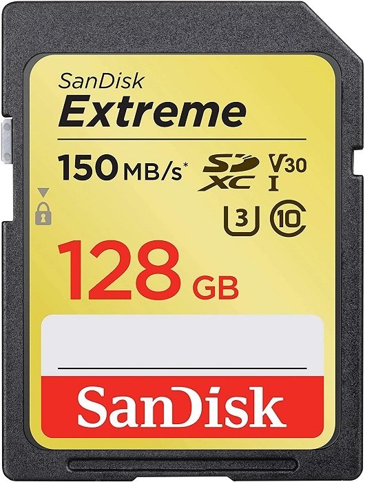 gifts for photographers: product photo of the SanDisk 128GB Extreme SDXC Memory Card