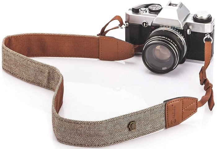 gifts for photographers: product photo of the Tarion Camera Strap attached to a vintage camera