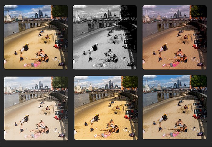 Six Lightroom presets for street photography applied to the same beach scene
