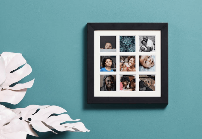 Square black frame with a grid of pictures for photo gift ideas