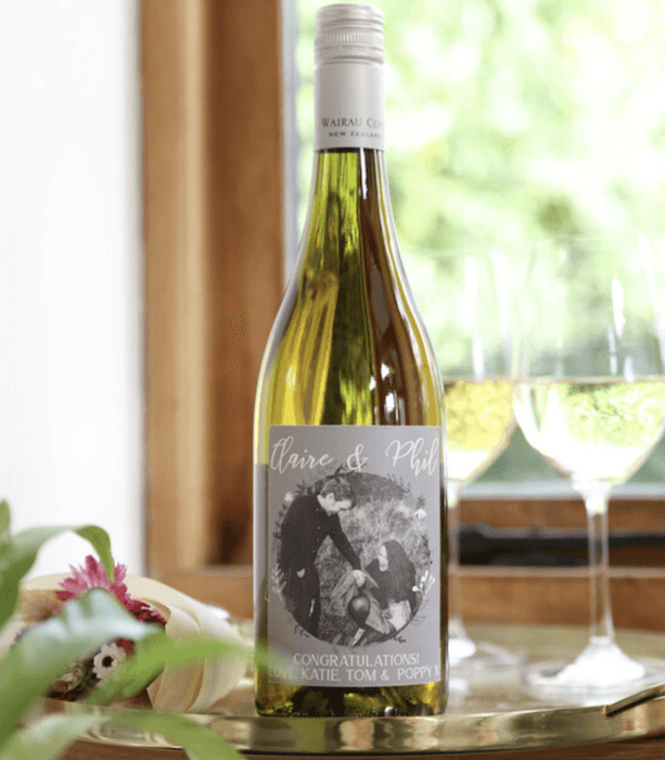 Bottle of wine with custom photo label for photo gift ideas