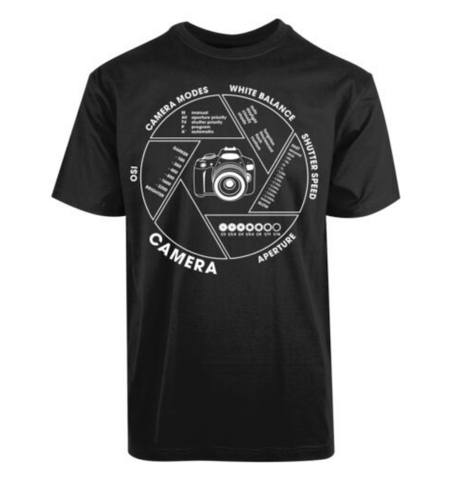 Photography t-shirts design showing camera settings and options
