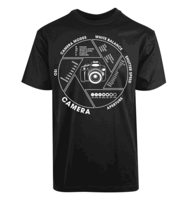 Photography t-shirts design showing camera settings and options