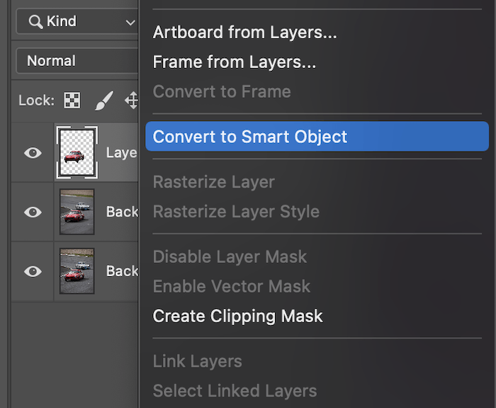 Photoshop screenshot of convert to smart object selection for radial blur