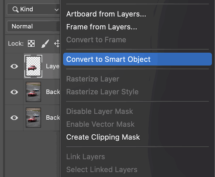 Photoshop screenshot of convert to smart object selection for radial blur