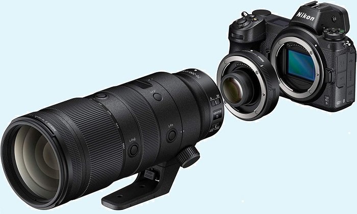 Illustration of how a Nikon camera teleconverter and telephoto lens fit together