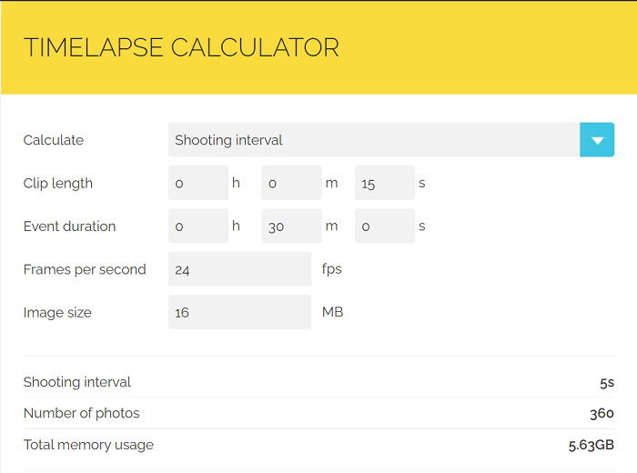 screenshot from photopills.com time-lapse calculator