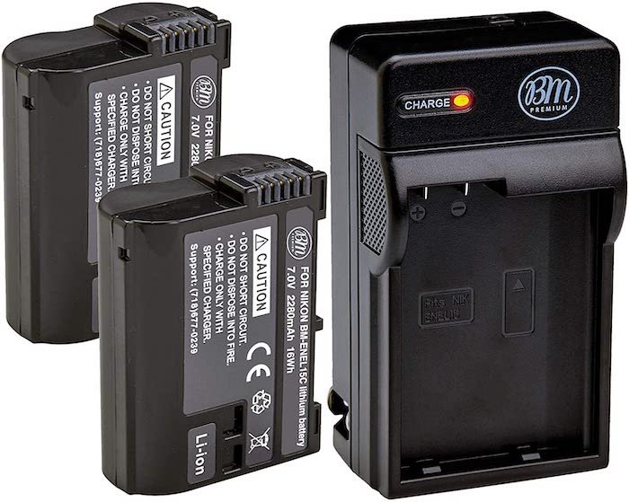 Two BM Premium EN-EL15c third party camera batteries for Nikon cameras and charger