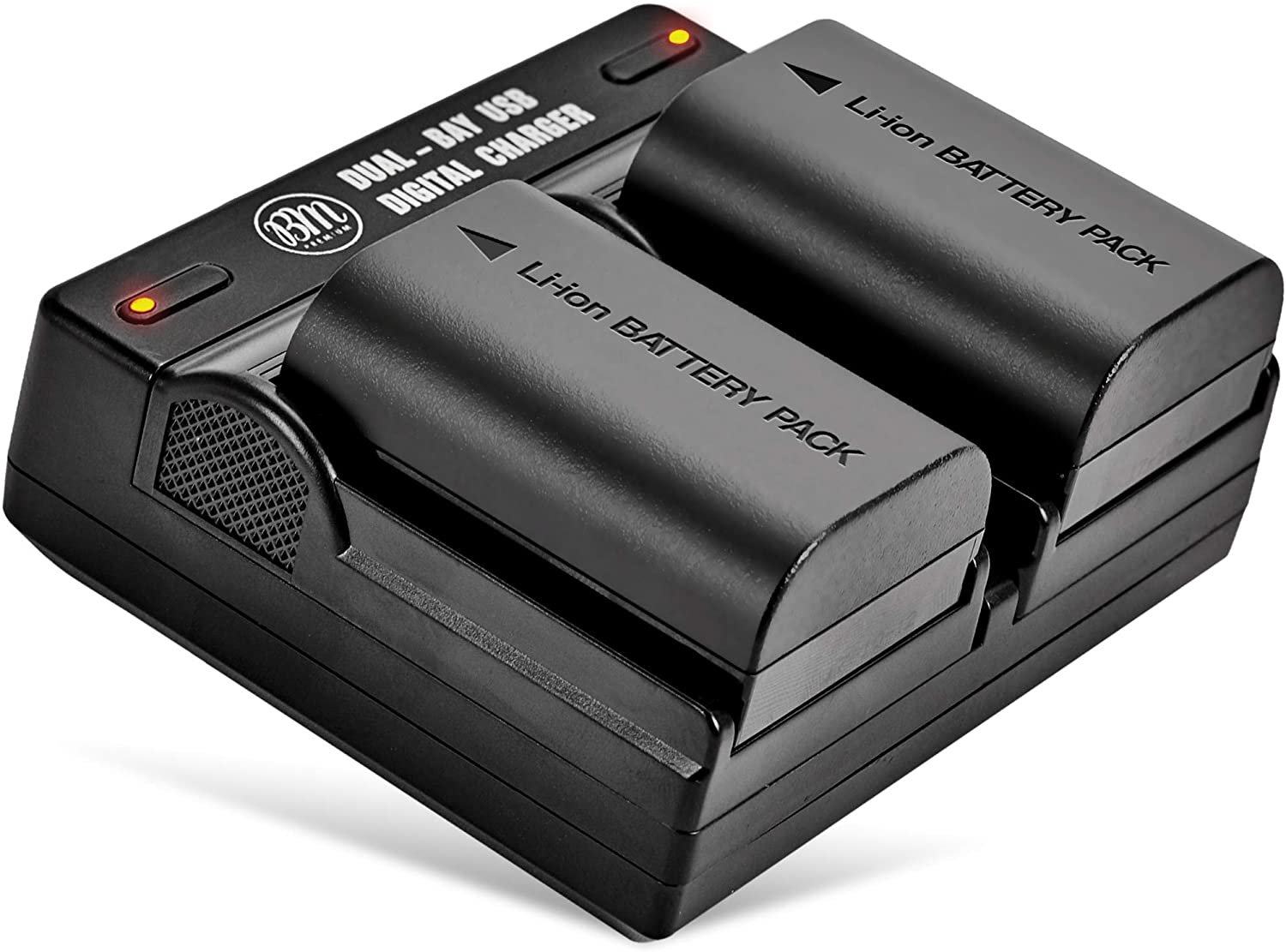 Two BM Premium LP-E6NH third party camera batteries for Canon cameras in a charger