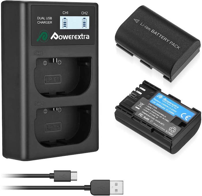 Two Powerextra LP-E6NH third party camera batteries for Canon cameras charger and cables