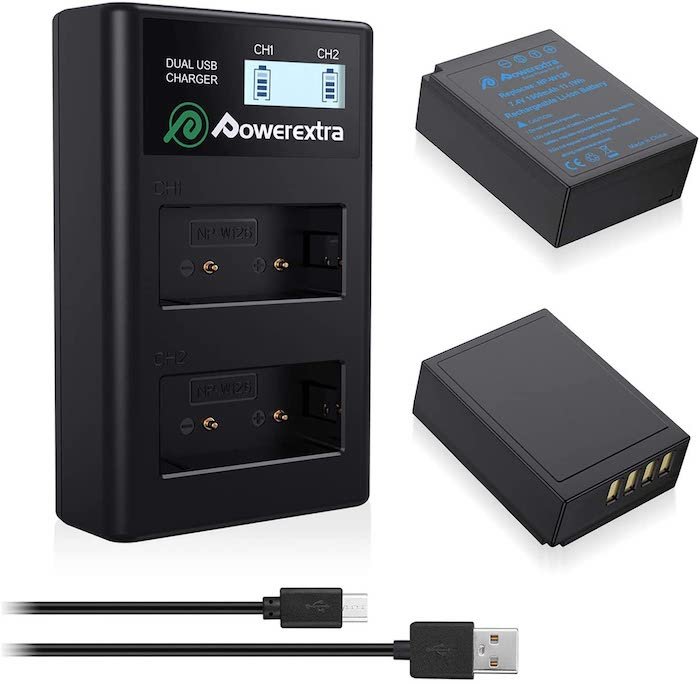 Two Powerextra NP-W126S third party camera batteries and charger for Fujifilm cameras