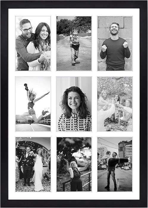 A black frame with family photos and a white mat