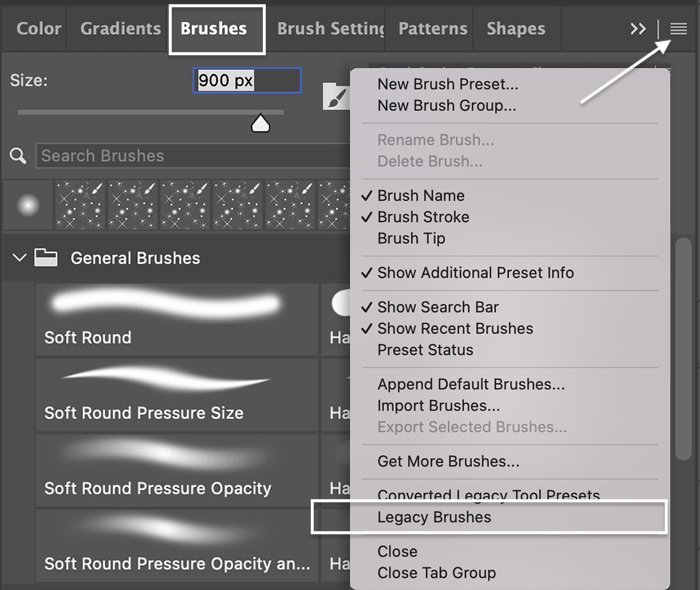Screenshot of selecting Legacy brushes in the brush settings panel for a sparkle effect in Photoshop