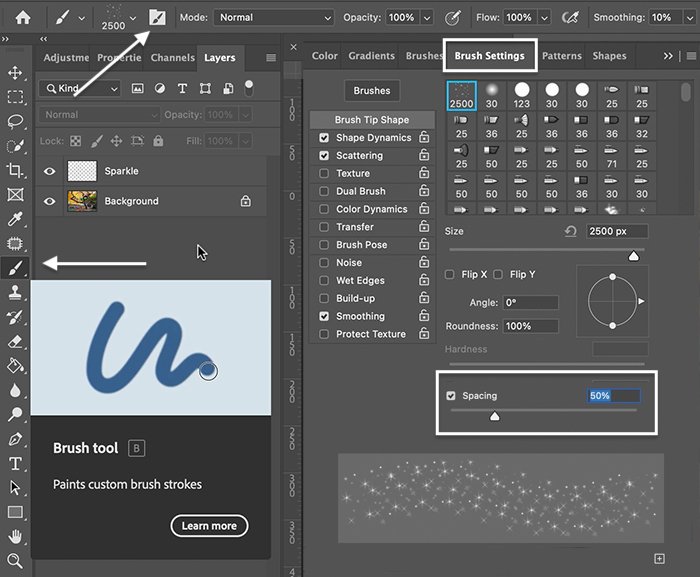 Screenshot of Brush Settings panel for a sparkle overlay in Photoshop