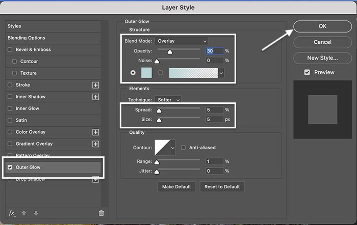 Screenshot of Layer Style panel selections for sparkle effect in Photoshop