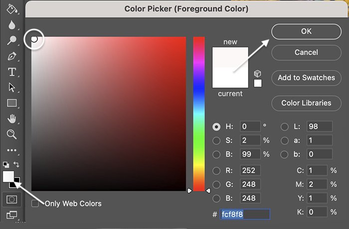 Screenshot of choosing foreground and white in Color Picker for a sparkle overlay in Photoshop