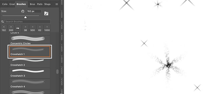 Screenshot of crosshatch brushstrokes on a white canvas for a sparkle effect in Photoshop