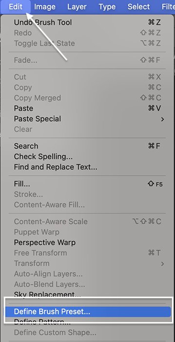 Photoshop screenshot of menu choosing Define Brush Preset for a sparkle effect in Photoshop