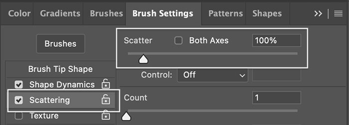 Photoshop screenshot brush settings panel scatter