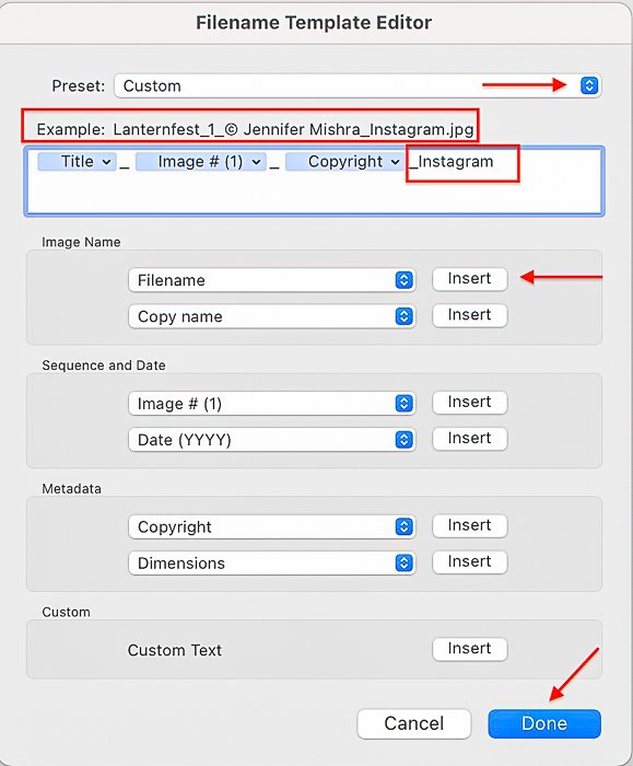 Screenshot of a custom preset in Filename Template Editor dialog box for Lightroom export settings