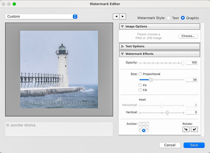 Screenshot of Watermark Editor dialog box for Lightroom export settings