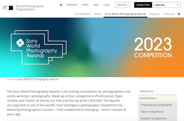 A screenshot from the Sony World Photography Awards website
