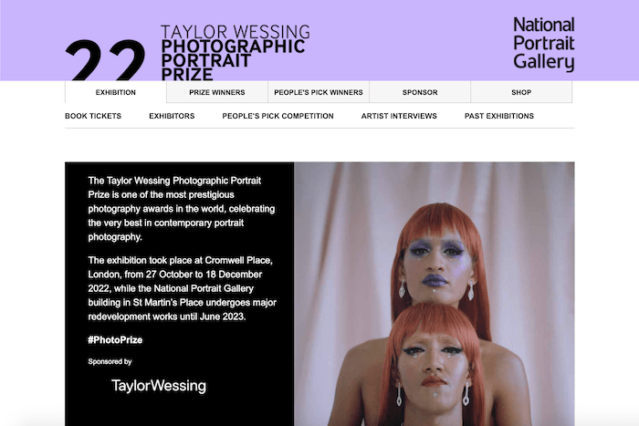 A screenshot from the Taylor Wessing Photographic Portrait Prize website