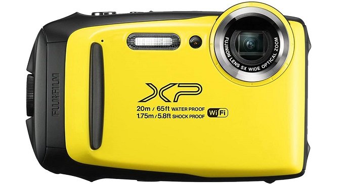camera for kids: product photo of the bright yellow Fujifilm Finepix XP140