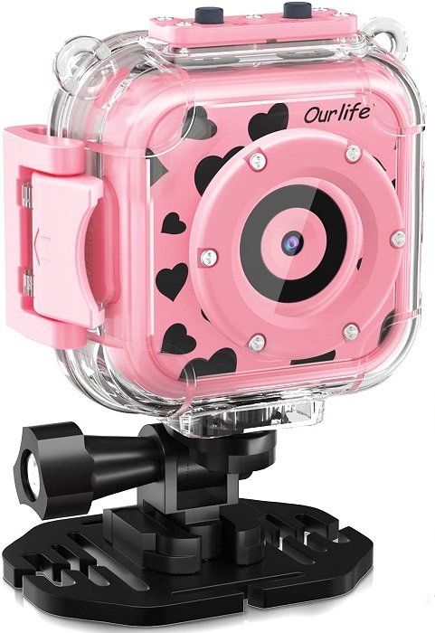 camera for kids: product photo of the OurLife Kids Action Camera with case and mount