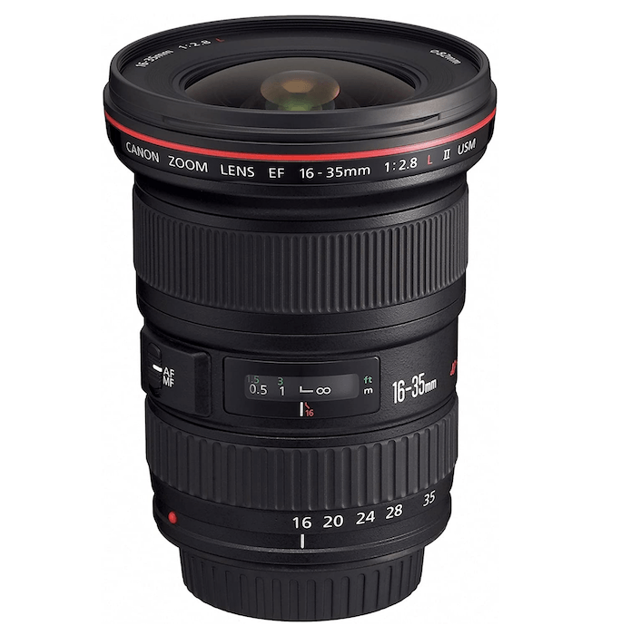 Standing vertical profile of a Canon lens f/2.8 II with focal length 16-35mm