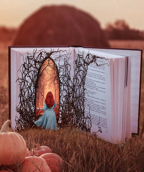 a composite image of a small woman walking into book portal
