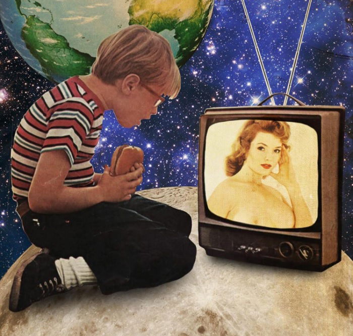 A digital collage of a boy sitting on a planet with a hamburger watching television with a woman on the screen for creative editing ideas