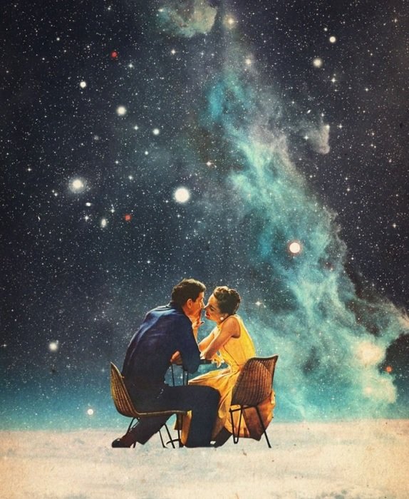 A couple kissing in space as a digital collage idea