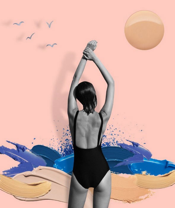 a woman in a bikini in front of a sea made of makeup as a digital collage idea