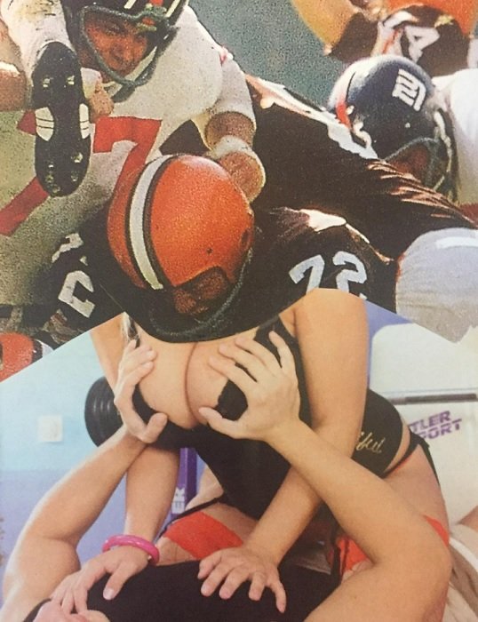 A digital collage of an American football player with breasts being cupped