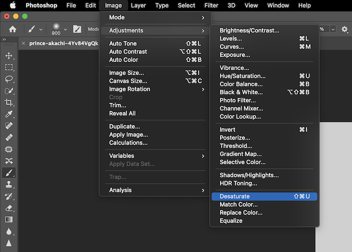 screenshot of the desaturate option in photoshop