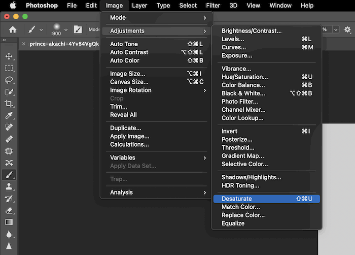 screenshot of the desaturate option in photoshop