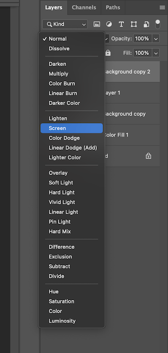 selecting the screen option in the layers tab in photoshop