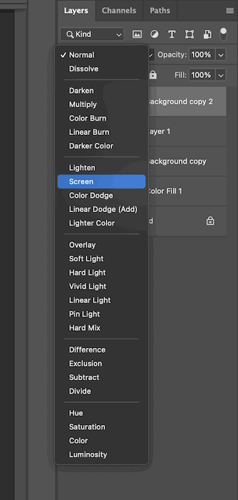 selecting the screen option in the layers tab in photoshop