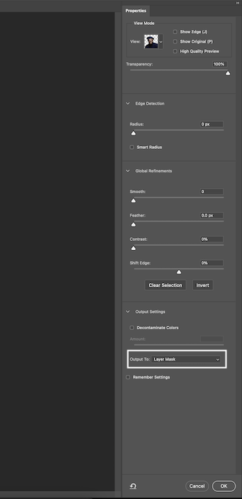 screenshot of output to layer mask in photoshop