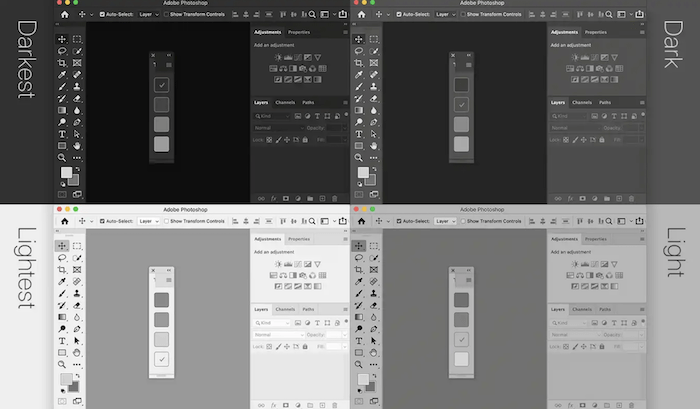 Screenshot of different interfaces using a Theme Switcher free Photoshop plugin